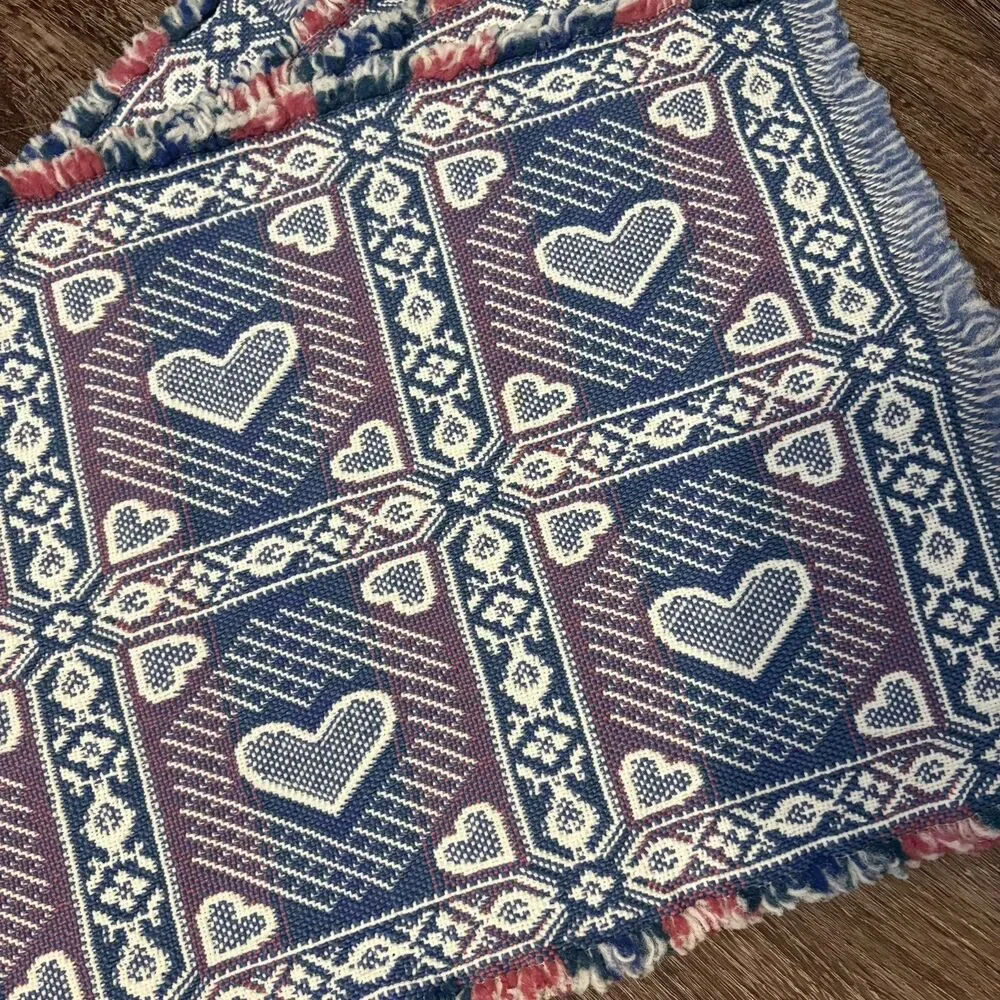 Vtg Placemats 4 Heart Reversible 80's Style Fringe Granny Cottage Core Pink Blue